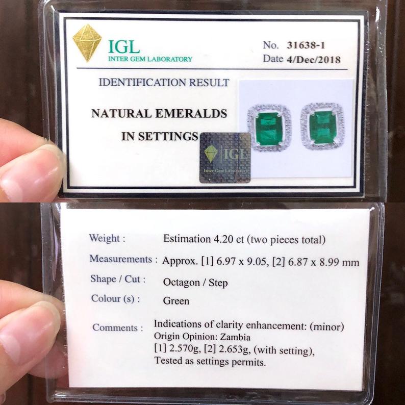 VIVID 4.75TCW Emerald VS Diamonds in 18K solid white gold earrings studs natural certified zambian Colombian halo wedding huge modern simple