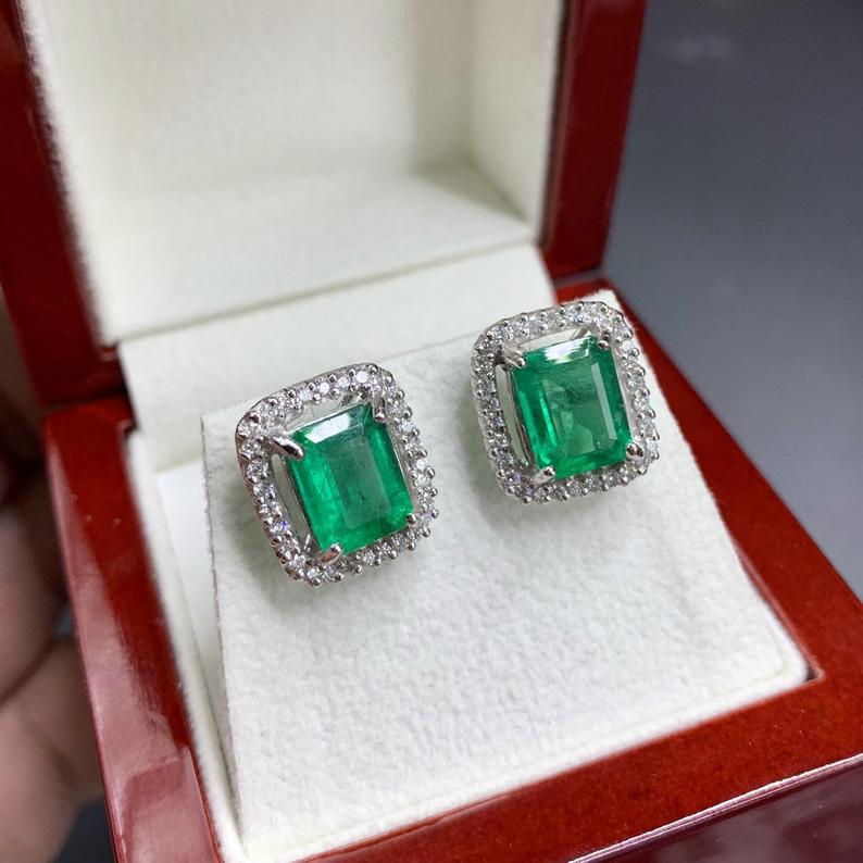 VIVID 4.75TCW Emerald VS Diamonds in 18K solid white gold earrings studs natural certified zambian Colombian halo wedding huge modern simple