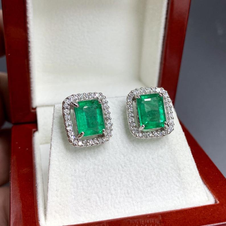 VIVID 4.75TCW Emerald VS Diamonds in 18K solid white gold earrings studs natural certified zambian Colombian halo wedding huge modern simple