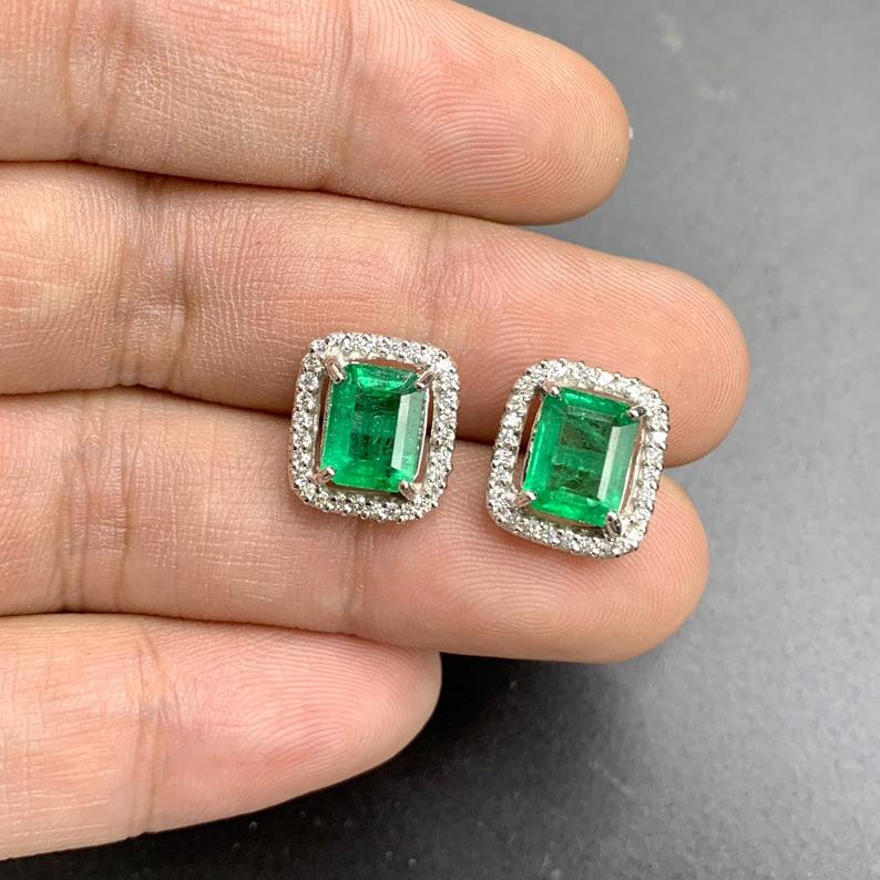 VIVID 4.75TCW Emerald VS Diamonds in 18K solid white gold earrings studs natural certified zambian Colombian halo wedding huge modern simple