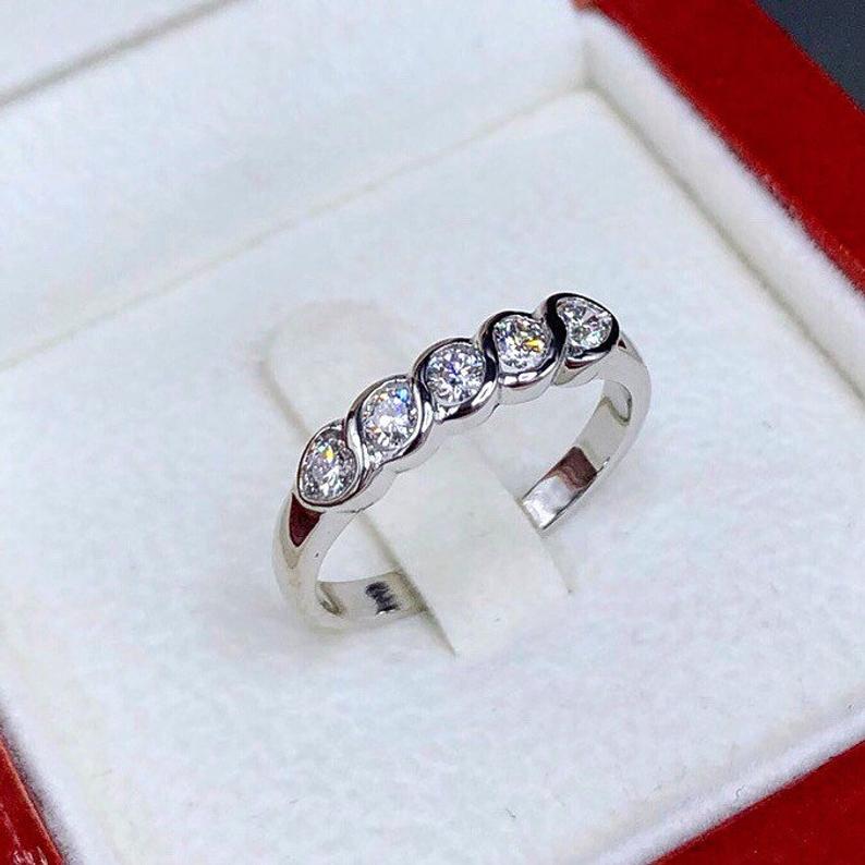 WEDDING! 0.60CT NATURAL F/VS diamonds 18K solid white gold ring engagement band women row simple anniversary gift sizing natural genuine 14k