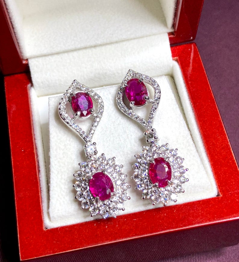 UNHEATED! 7.37TCW RUBY & Diamonds in 18K solid white gold earrings chandelier natural Burma untreated no-heat pigeon blood red Mozambique