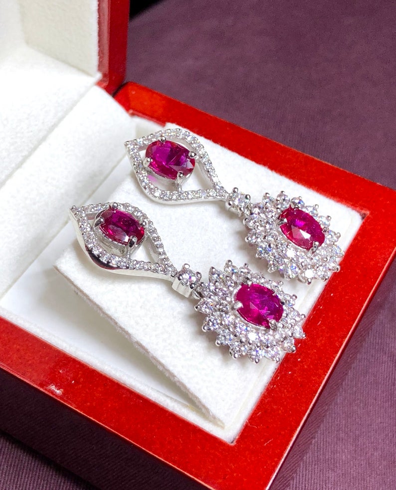 UNHEATED! 7.37TCW RUBY & Diamonds in 18K solid white gold earrings chandelier natural Burma untreated no-heat pigeon blood red Mozambique