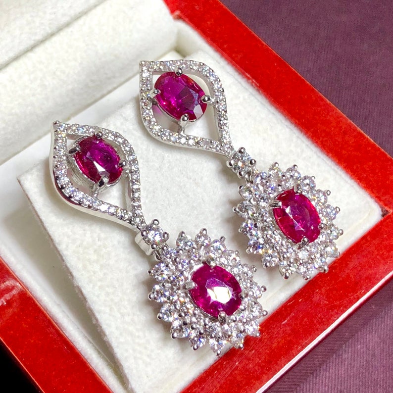 UNHEATED! 7.37TCW RUBY & Diamonds in 18K solid white gold earrings chandelier natural Burma untreated no-heat pigeon blood red Mozambique