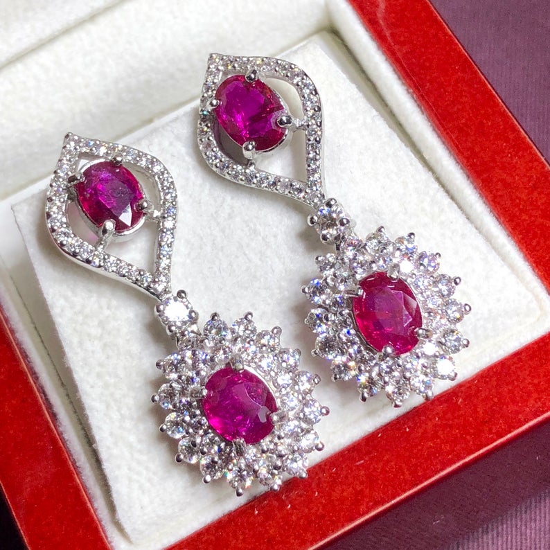 UNHEATED! 7.37TCW RUBY & Diamonds in 18K solid white gold earrings chandelier natural Burma untreated no-heat pigeon blood red Mozambique