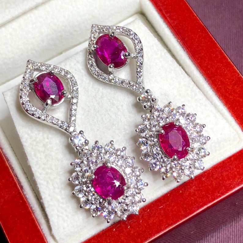 UNHEATED! 7.37TCW RUBY & Diamonds in 18K solid white gold earrings chandelier natural Burma untreated no-heat pigeon blood red Mozambique