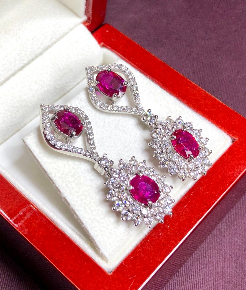 UNHEATED! 7.37TCW RUBY & Diamonds in 18K solid white gold earrings chandelier natural Burma untreated no-heat pigeon blood red Mozambique