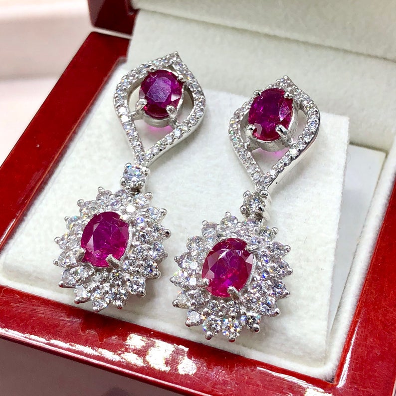 UNHEATED! 7.37TCW RUBY & Diamonds in 18K solid white gold earrings chandelier natural Burma untreated no-heat pigeon blood red Mozambique