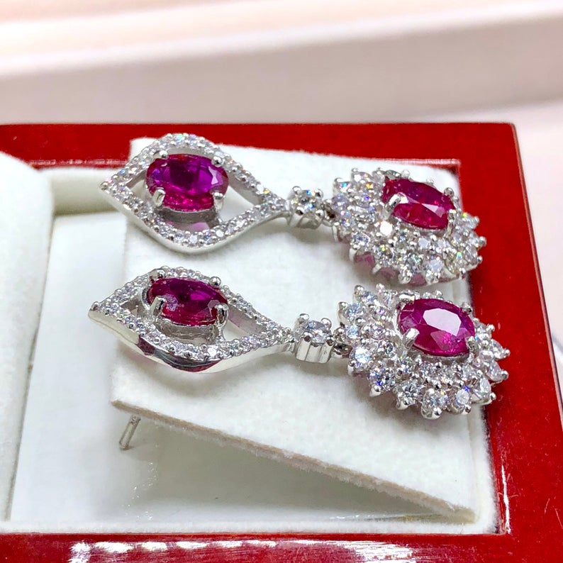 UNHEATED! 7.37TCW RUBY & Diamonds in 18K solid white gold earrings chandelier natural Burma untreated no-heat pigeon blood red Mozambique