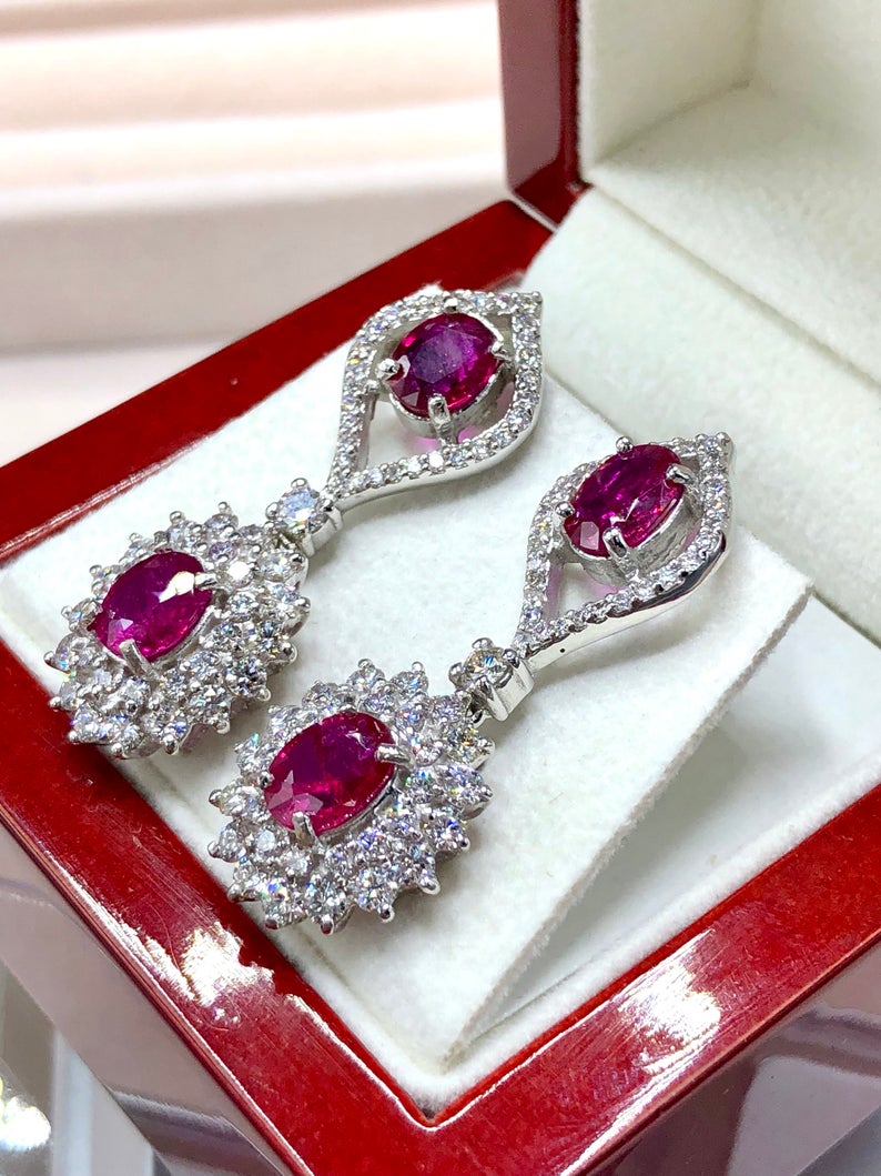 UNHEATED! 7.37TCW RUBY & Diamonds in 18K solid white gold earrings chandelier natural Burma untreated no-heat pigeon blood red Mozambique