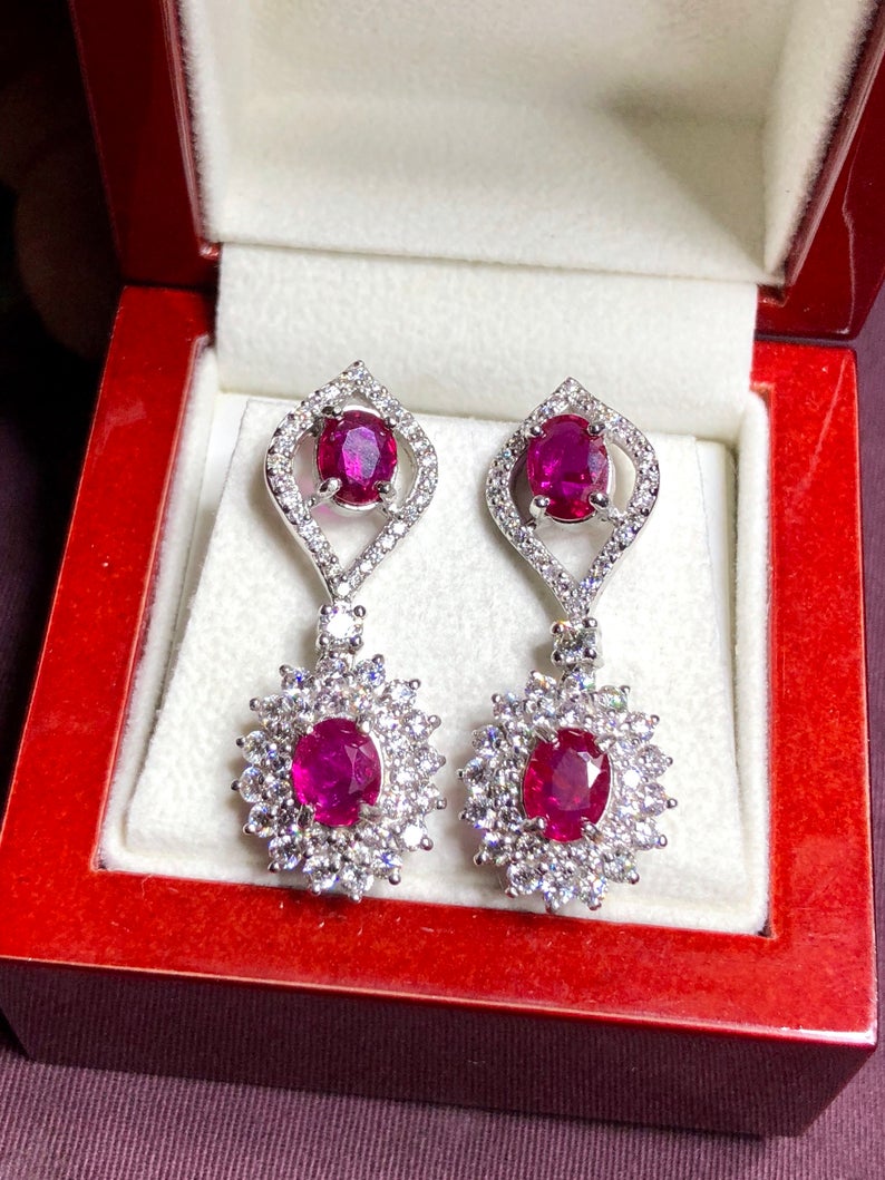 UNHEATED! 7.37TCW RUBY & Diamonds in 18K solid white gold earrings chandelier natural Burma untreated no-heat pigeon blood red Mozambique