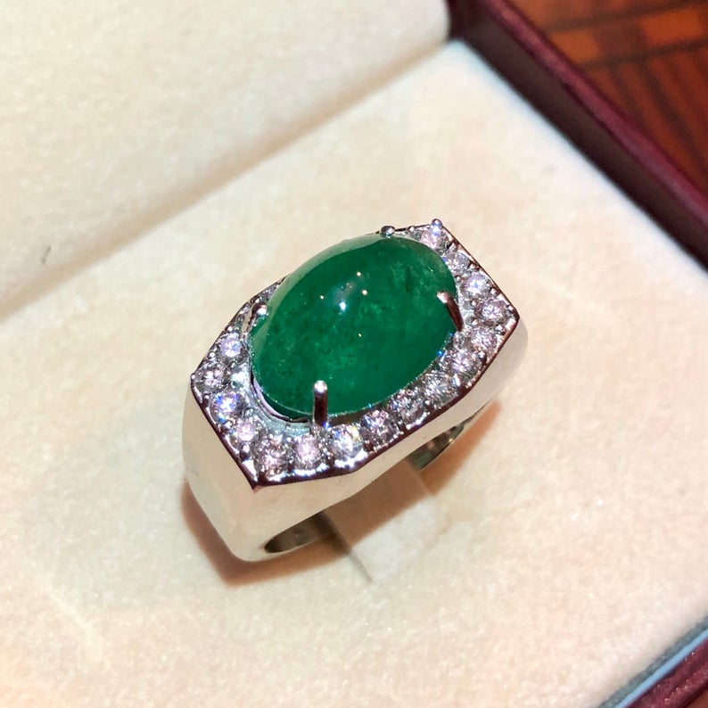 MENS 7.01 Emerald VS Diamonds in 18K solid white gold ring engagement handmade huge cocktail zambian colombian unisex gentleman man estate