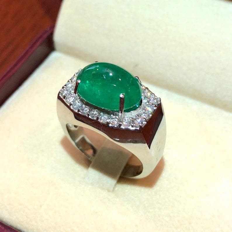 MENS 7.01 Emerald VS Diamonds in 18K solid white gold ring engagement handmade huge cocktail zambian colombian unisex gentleman man estate