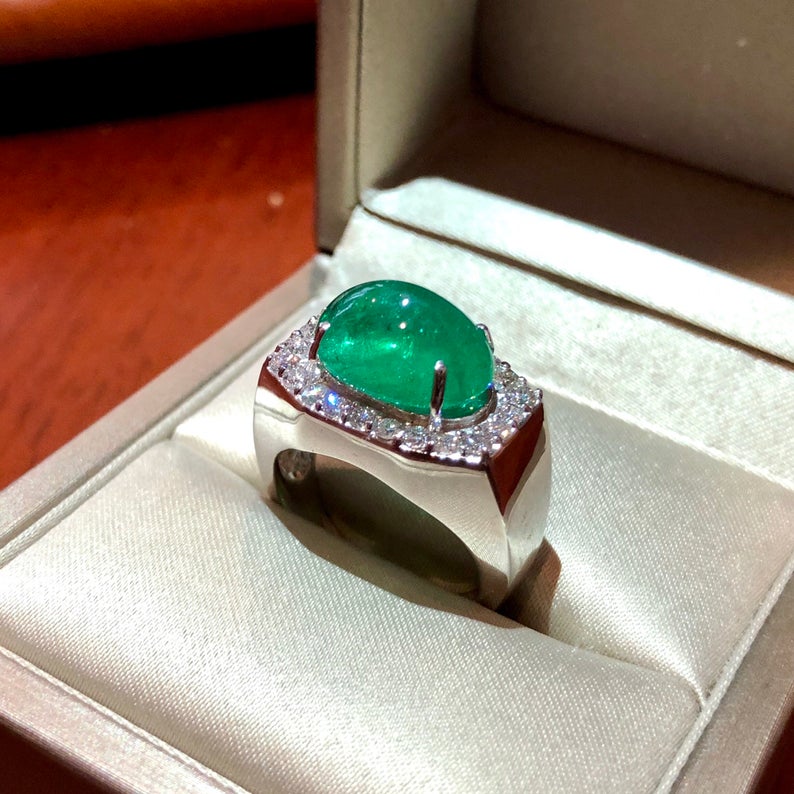 MENS 7.01 Emerald VS Diamonds in 18K solid white gold ring engagement handmade huge cocktail zambian colombian unisex gentleman man estate