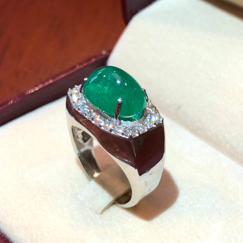 MENS 7.01 Emerald VS Diamonds in 18K solid white gold ring engagement handmade huge cocktail zambian colombian unisex gentleman man estate