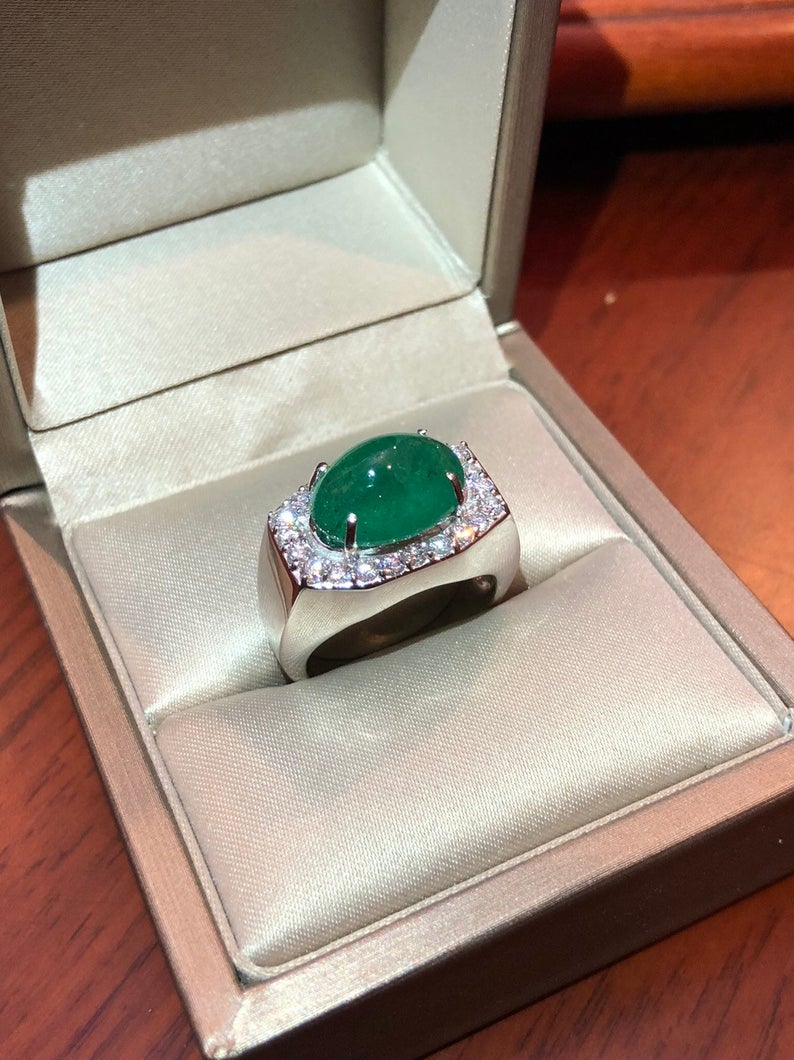 MENS 7.01 Emerald VS Diamonds in 18K solid white gold ring engagement handmade huge cocktail zambian colombian unisex gentleman man estate