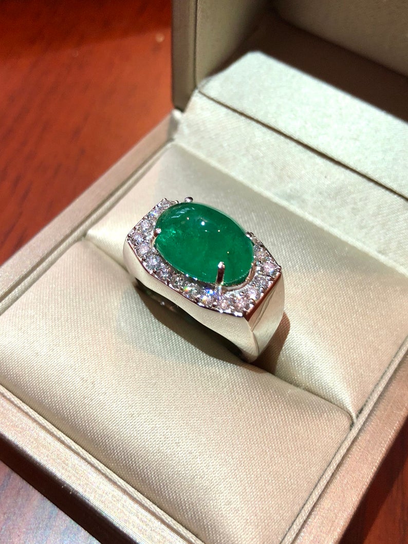 MENS 7.01 Emerald VS Diamonds in 18K solid white gold ring engagement handmade huge cocktail zambian colombian unisex gentleman man estate