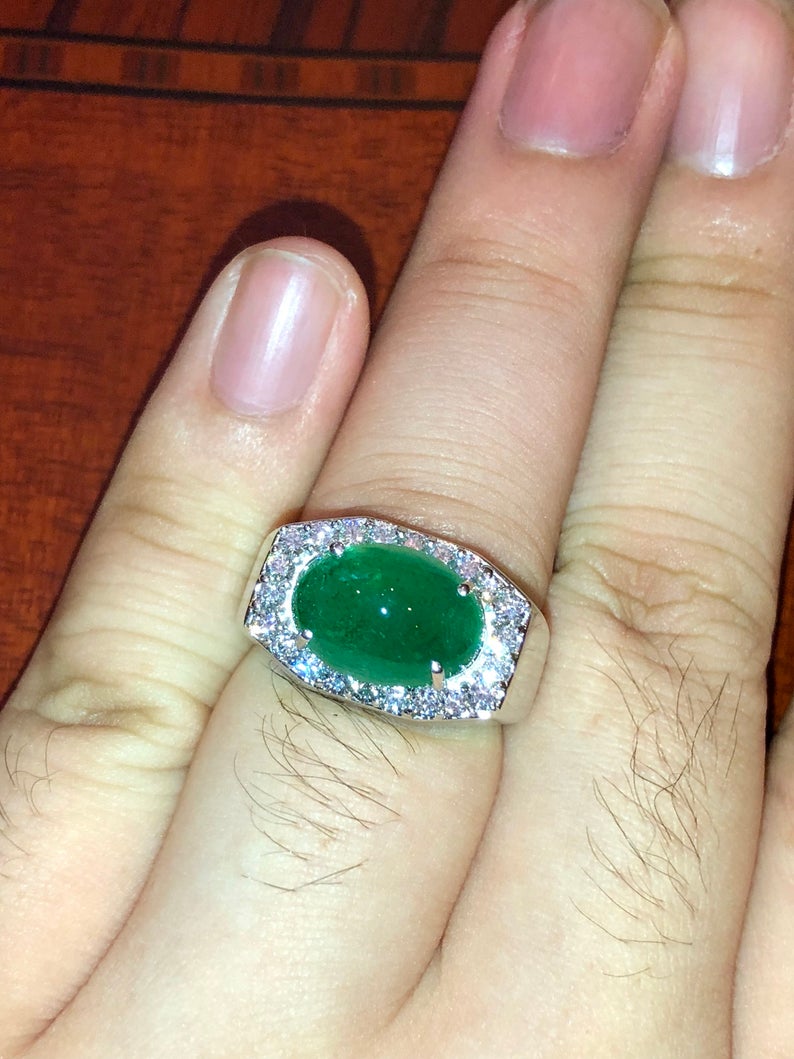 MENS 7.01 Emerald VS Diamonds in 18K solid white gold ring engagement handmade huge cocktail zambian colombian unisex gentleman man estate