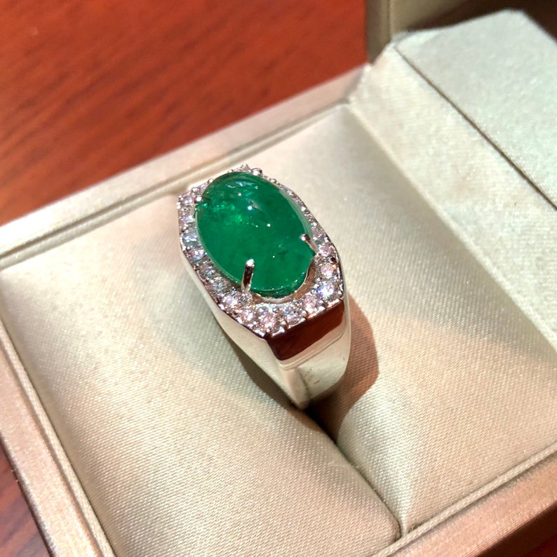 MENS 7.01 Emerald VS Diamonds in 18K solid white gold ring engagement handmade huge cocktail zambian colombian unisex gentleman man estate