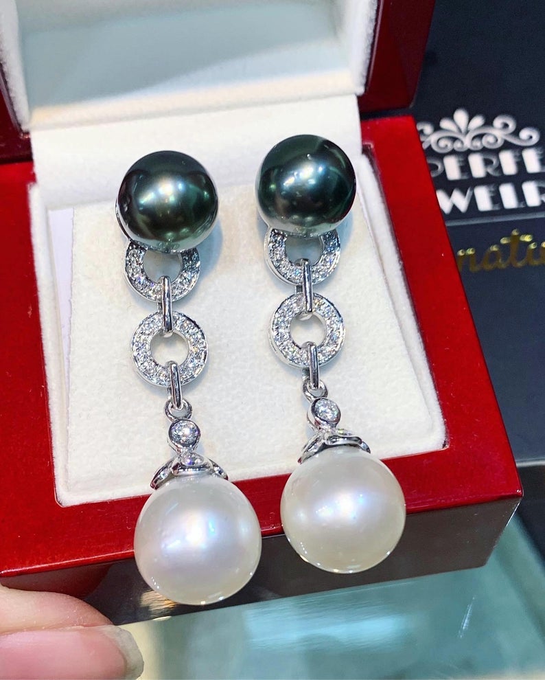 HUGE White South Sea Pearls VS Diamonds In 18K Solid White Gold Earrings dangle drop modern natural golden black chandelier tahiti genuine