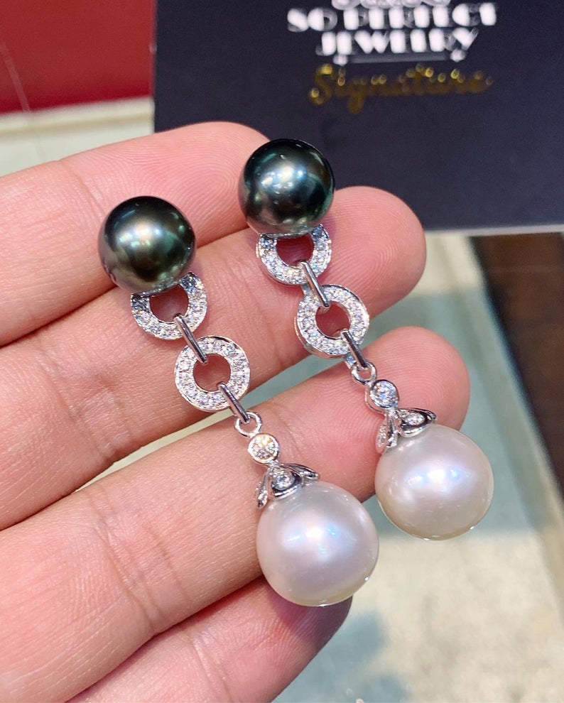 HUGE White South Sea Pearls VS Diamonds In 18K Solid White Gold Earrings dangle drop modern natural golden black chandelier tahiti genuine