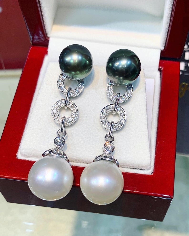 HUGE White South Sea Pearls VS Diamonds In 18K Solid White Gold Earrings dangle drop modern natural golden black chandelier tahiti genuine