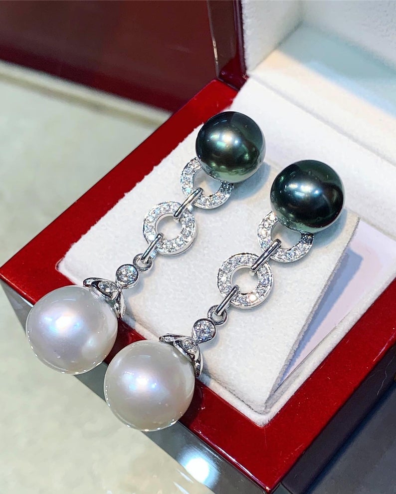 HUGE White South Sea Pearls VS Diamonds In 18K Solid White Gold Earrings dangle drop modern natural golden black chandelier tahiti genuine