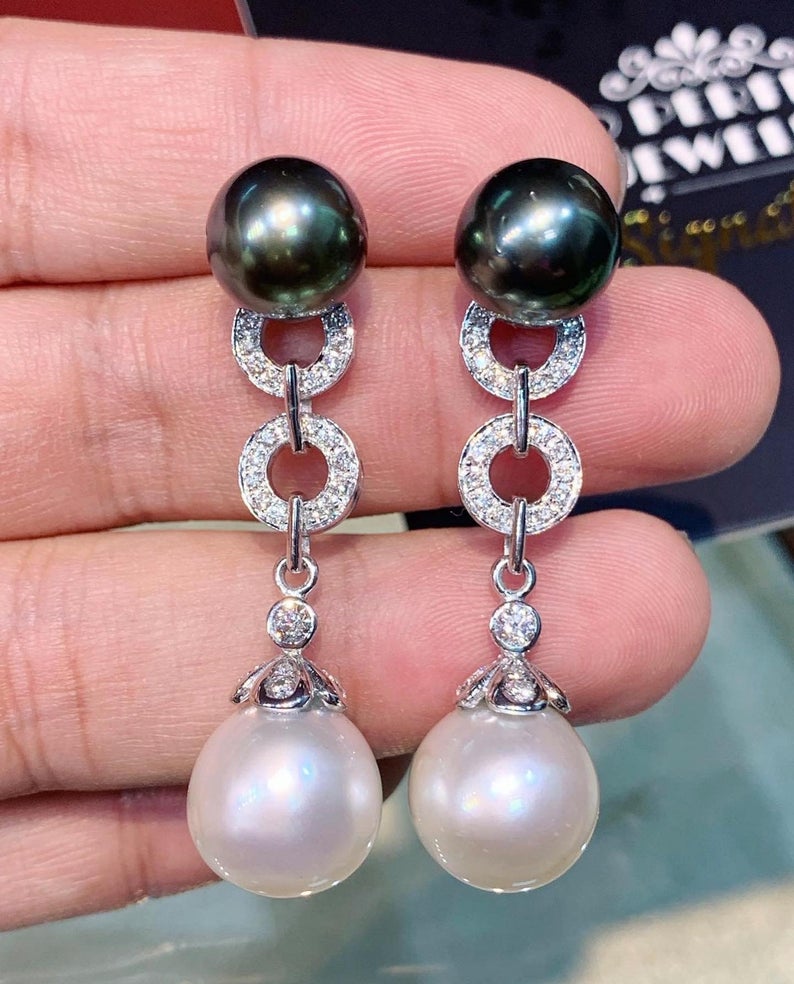 HUGE White South Sea Pearls VS Diamonds In 18K Solid White Gold Earrings dangle drop modern natural golden black chandelier tahiti genuine