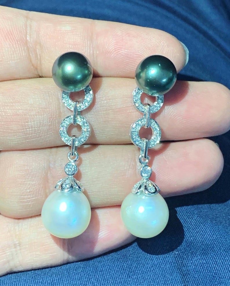 HUGE White South Sea Pearls VS Diamonds In 18K Solid White Gold Earrings dangle drop modern natural golden black chandelier tahiti genuine