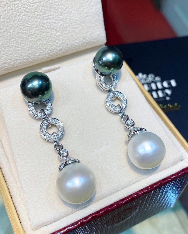 HUGE White South Sea Pearls VS Diamonds In 18K Solid White Gold Earrings dangle drop modern natural golden black chandelier tahiti genuine