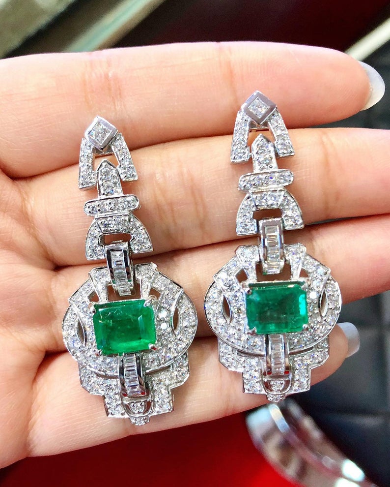 HUGE Art Deco! 9.79TCW Emerald VS Diamonds 18K solid white gold earrings studs natural zambian gift christmas vintage chandelier colombian