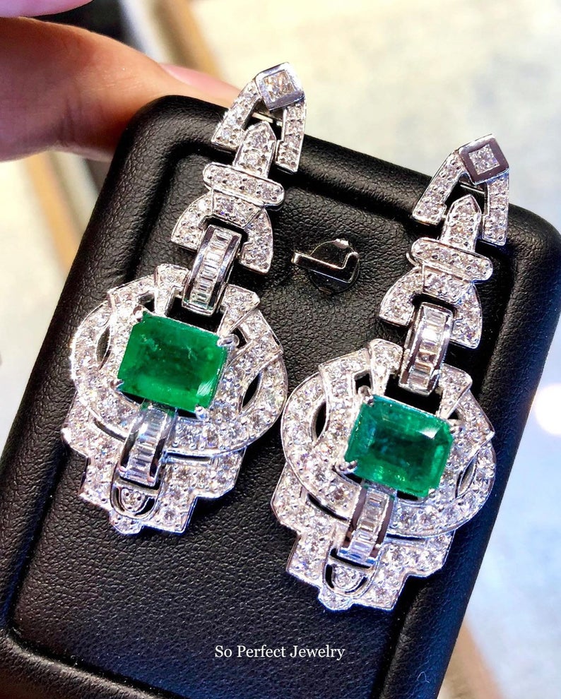 HUGE Art Deco! 9.79TCW Emerald VS Diamonds 18K solid white gold earrings studs natural zambian gift christmas vintage chandelier colombian