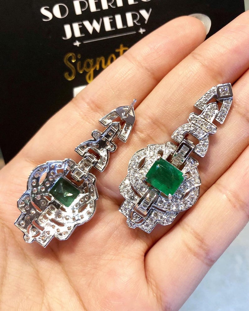 HUGE Art Deco! 9.79TCW Emerald VS Diamonds 18K solid white gold earrings studs natural zambian gift christmas vintage chandelier colombian