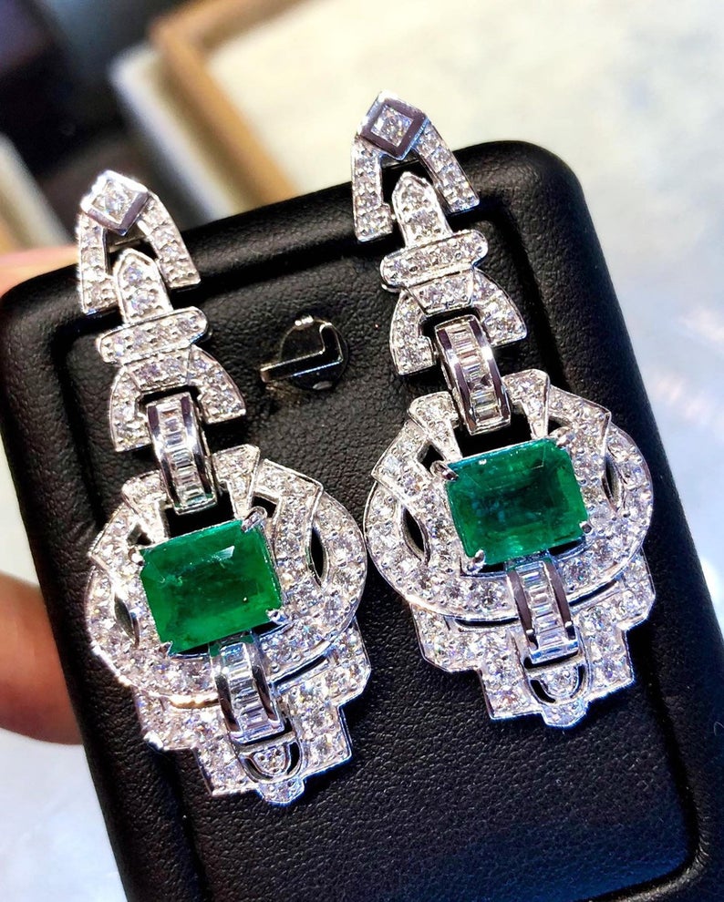 HUGE Art Deco! 9.79TCW Emerald VS Diamonds 18K solid white gold earrings studs natural zambian gift christmas vintage chandelier colombian