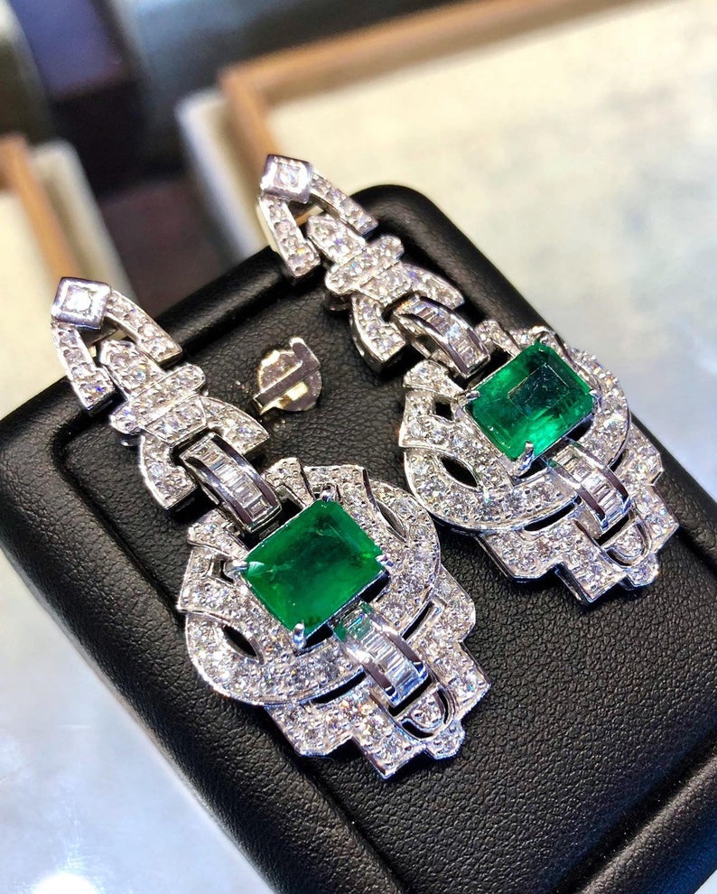 HUGE Art Deco! 9.79TCW Emerald VS Diamonds 18K solid white gold earrings studs natural zambian gift christmas vintage chandelier colombian