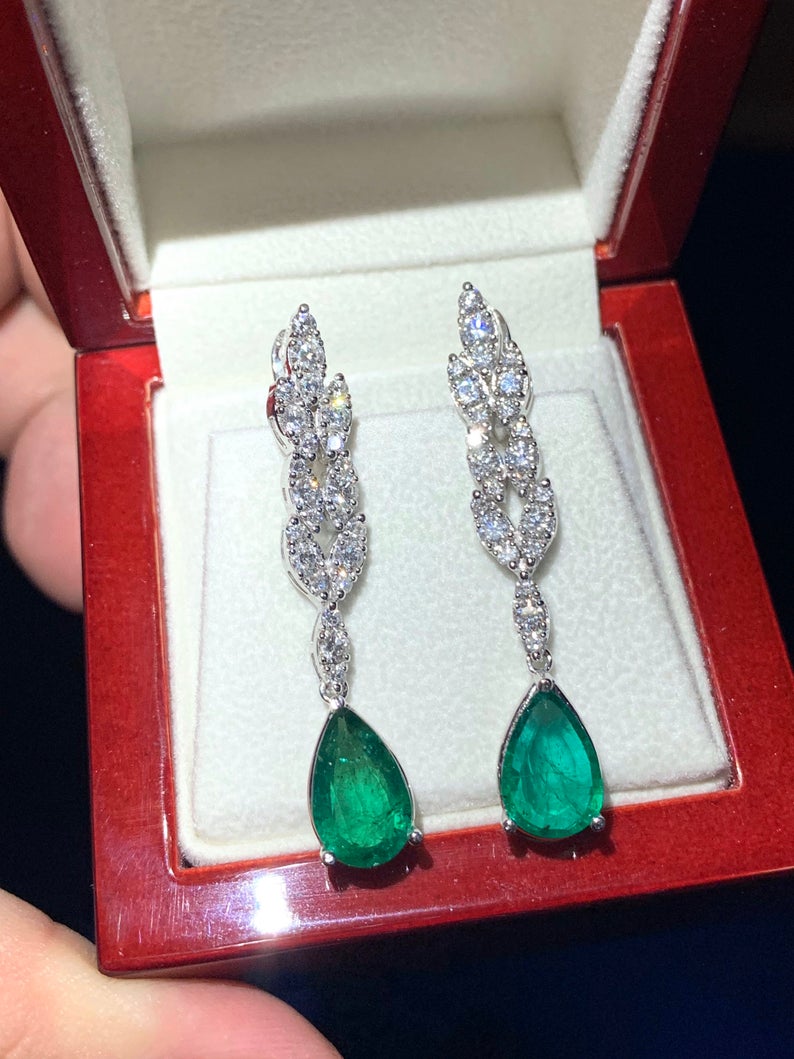 WOW! 6.41TCW Emeralds & Diamond in 18K solid WHITE gold handmade earrings dangle drop white gold chandelier teardrop pear zambia huge