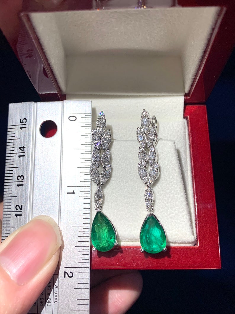 WOW! 6.41TCW Emeralds & Diamond in 18K solid WHITE gold handmade earrings dangle drop white gold chandelier teardrop pear zambia huge