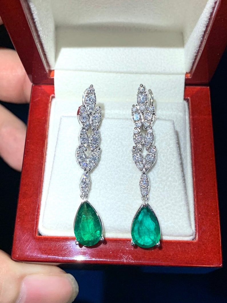 WOW! 6.41TCW Emeralds & Diamond in 18K solid WHITE gold handmade earrings dangle drop white gold chandelier teardrop pear zambia huge