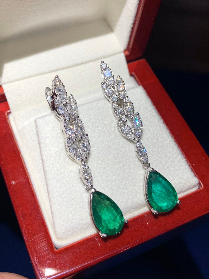 WOW! 6.41TCW Emeralds & Diamond in 18K solid WHITE gold handmade earrings dangle drop white gold chandelier teardrop pear zambia huge