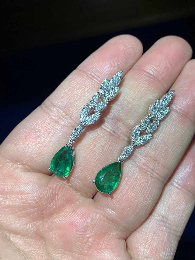 WOW! 6.41TCW Emeralds & Diamond in 18K solid WHITE gold handmade earrings dangle drop white gold chandelier teardrop pear zambia huge
