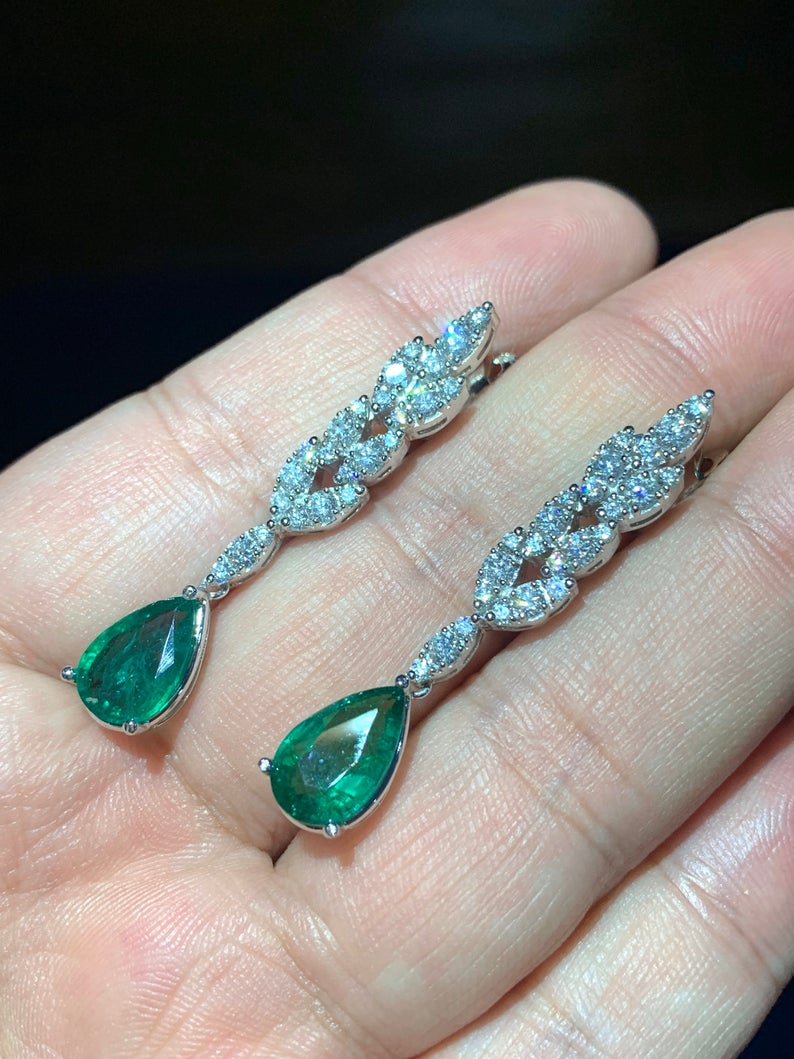 WOW! 6.41TCW Emeralds & Diamond in 18K solid WHITE gold handmade earrings dangle drop white gold chandelier teardrop pear zambia huge