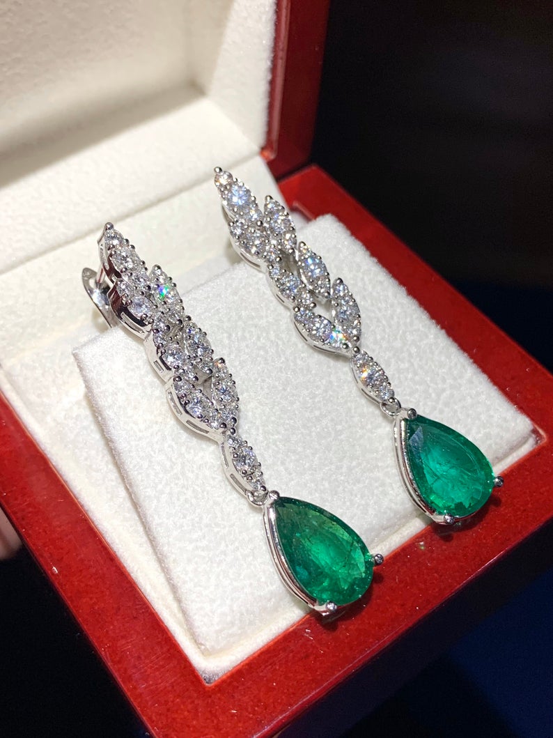 WOW! 6.41TCW Emeralds & Diamond in 18K solid WHITE gold handmade earrings dangle drop white gold chandelier teardrop pear zambia huge