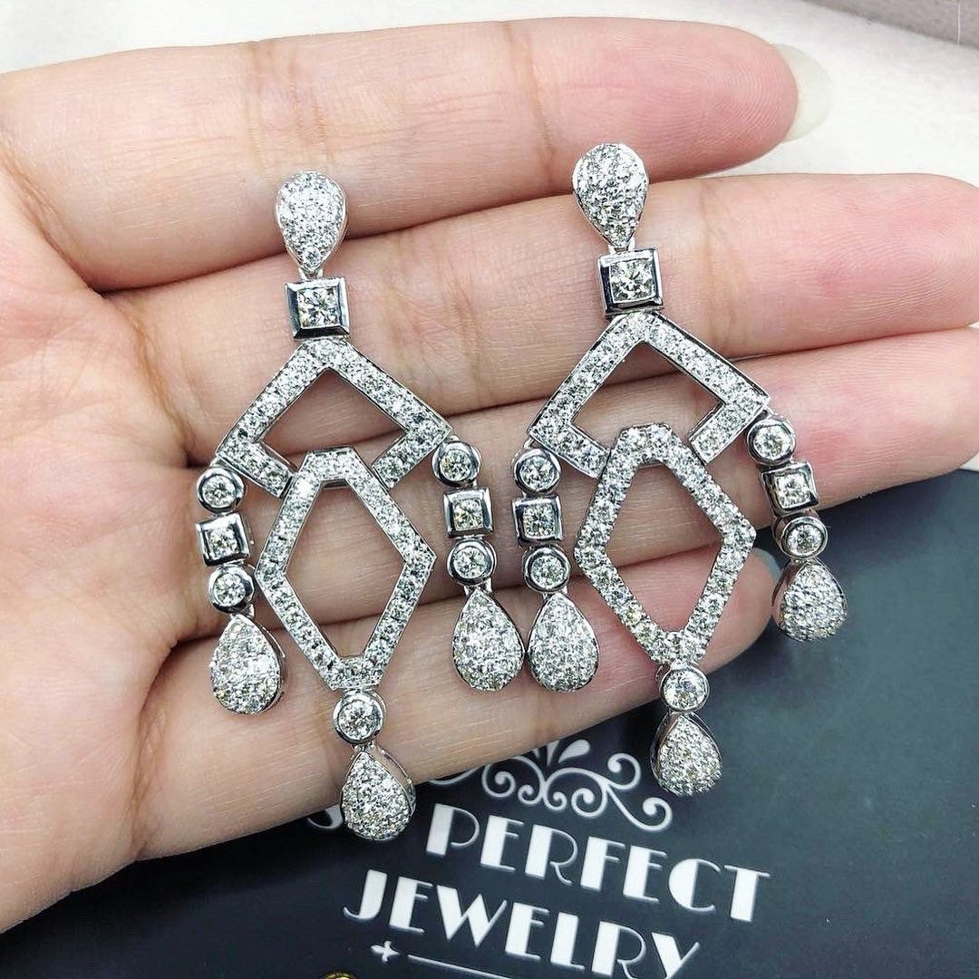 WOW! 4.10TCW Diamond Natural 18K solid white gold Chandelier handmade earrings geometry Art Deco dangling wedding gift huge bridal enormous