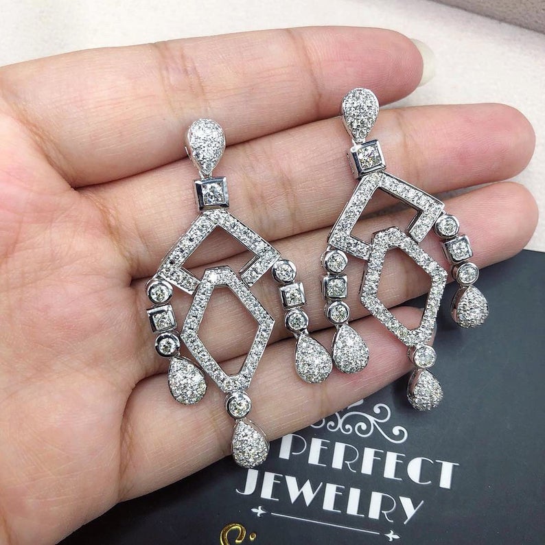 WOW! 4.10TCW Diamond Natural 18K solid white gold Chandelier handmade earrings geometry Art Deco dangling wedding gift huge bridal enormous