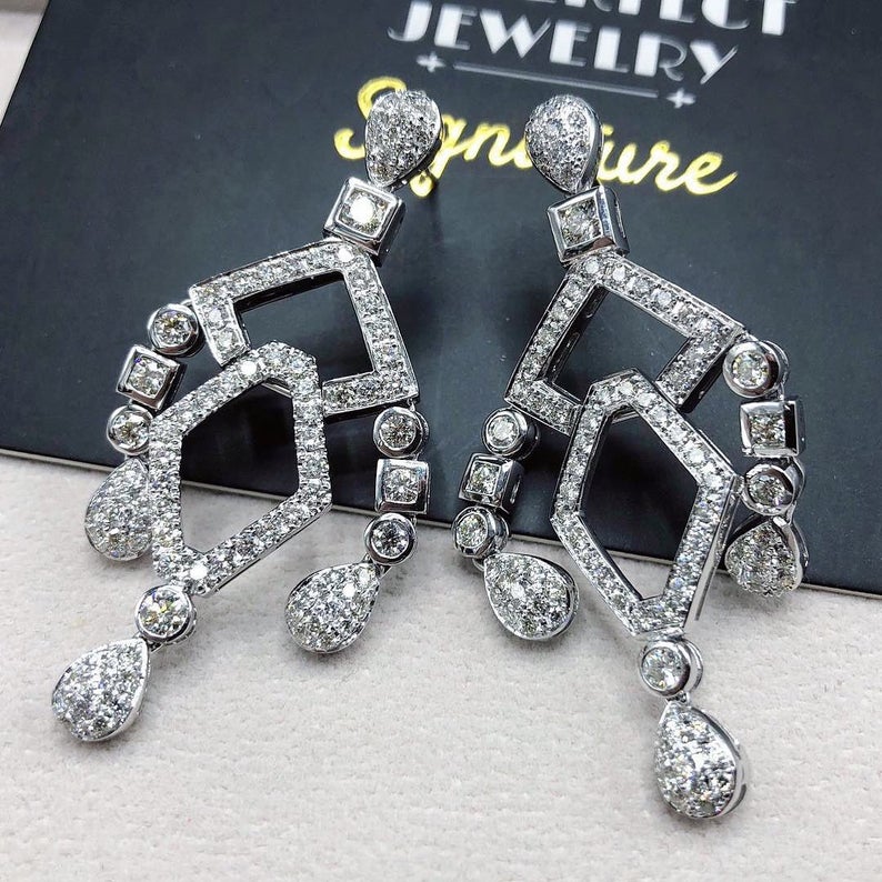 WOW! 4.10TCW Diamond Natural 18K solid white gold Chandelier handmade earrings geometry Art Deco dangling wedding gift huge bridal enormous