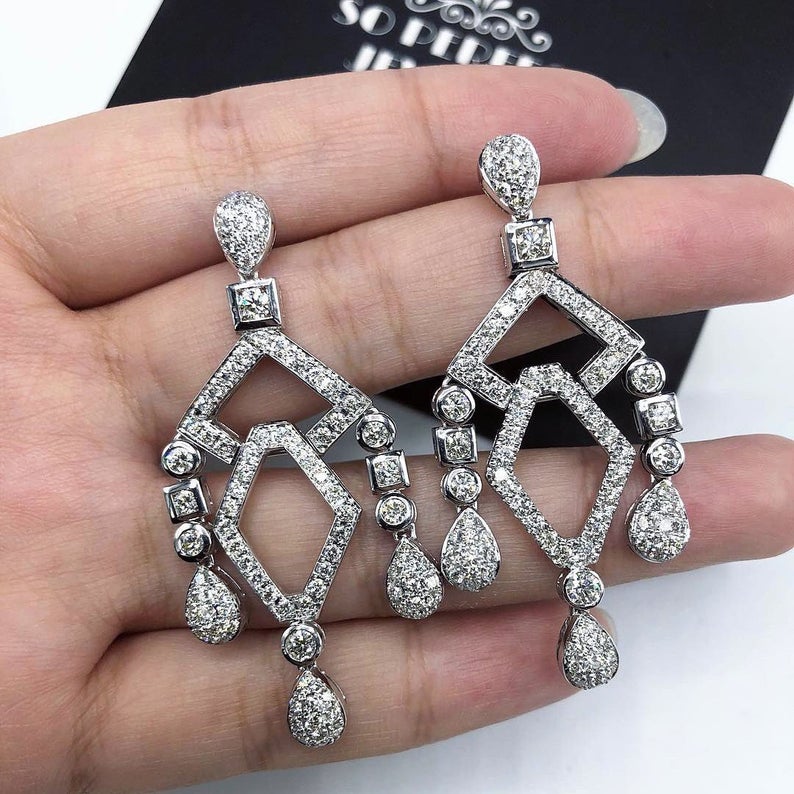 WOW! 4.10TCW Diamond Natural 18K solid white gold Chandelier handmade earrings geometry Art Deco dangling wedding gift huge bridal enormous