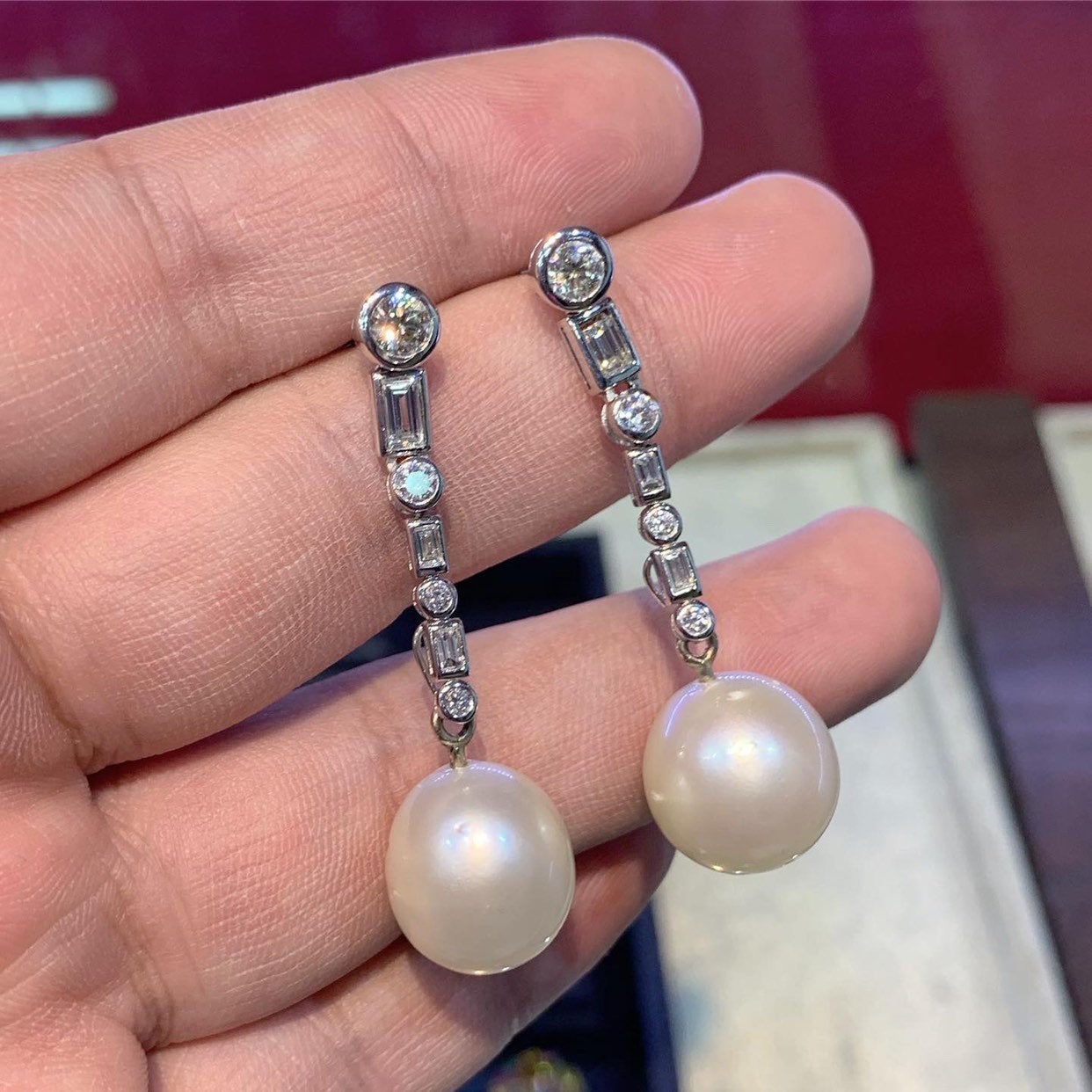 LONG DANGLING South Sea 14.5mm Pearls Diamonds 18K Solid white Gold Earrings handmade chandelier wedding estate natural art deco vintage big