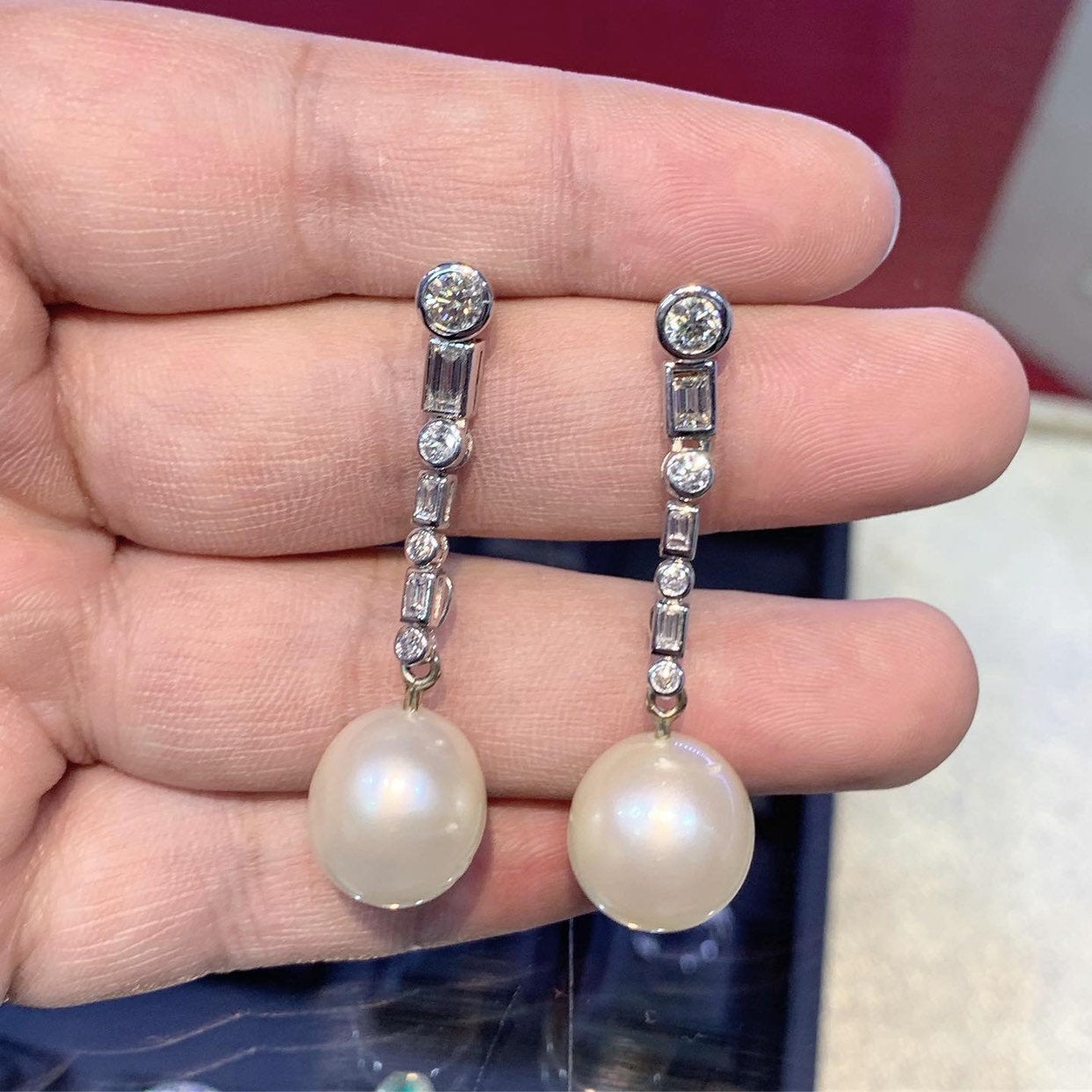 LONG DANGLING South Sea 14.5mm Pearls Diamonds 18K Solid white Gold Earrings handmade chandelier wedding estate natural art deco vintage big