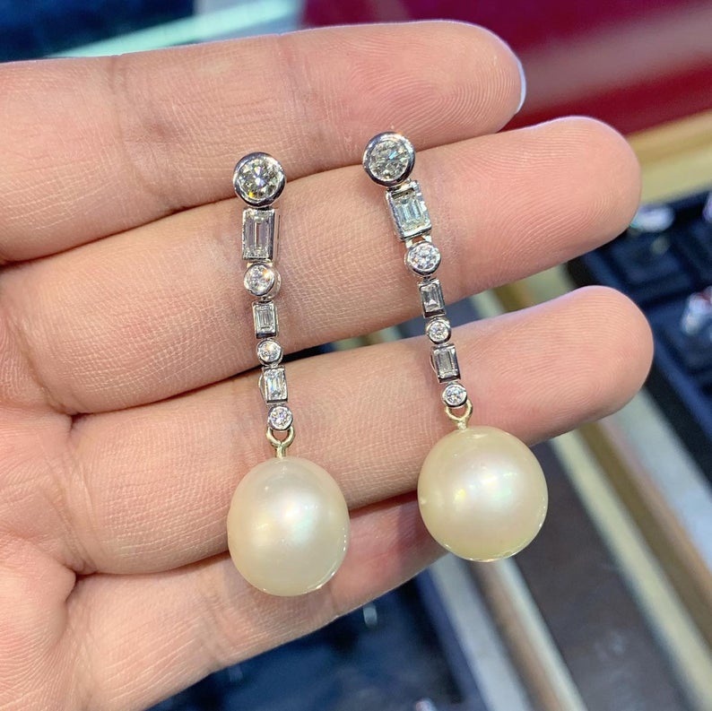 LONG DANGLING South Sea 14.5mm Pearls Diamonds 18K Solid white Gold Earrings handmade chandelier wedding estate natural art deco vintage big