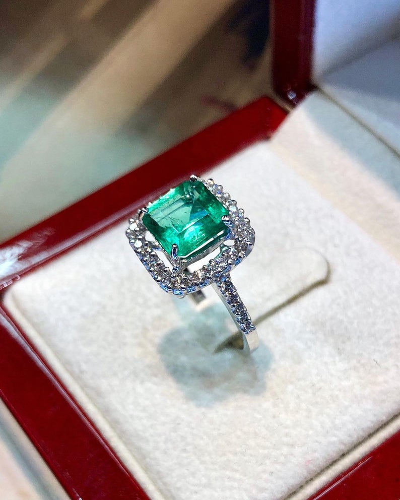 STUNNING! 2.91TCW Emerald VS Diamond 18k solid white gold ring engagement wedding colombian zambian Double halo modern natural art deco big